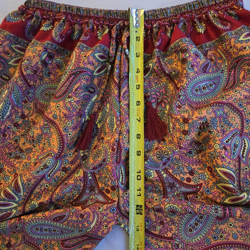 Orange Paisley Silk Wide Leg Boho Pants Elastic Waist Tassle Ties CW3 - Picture 5 of 11
